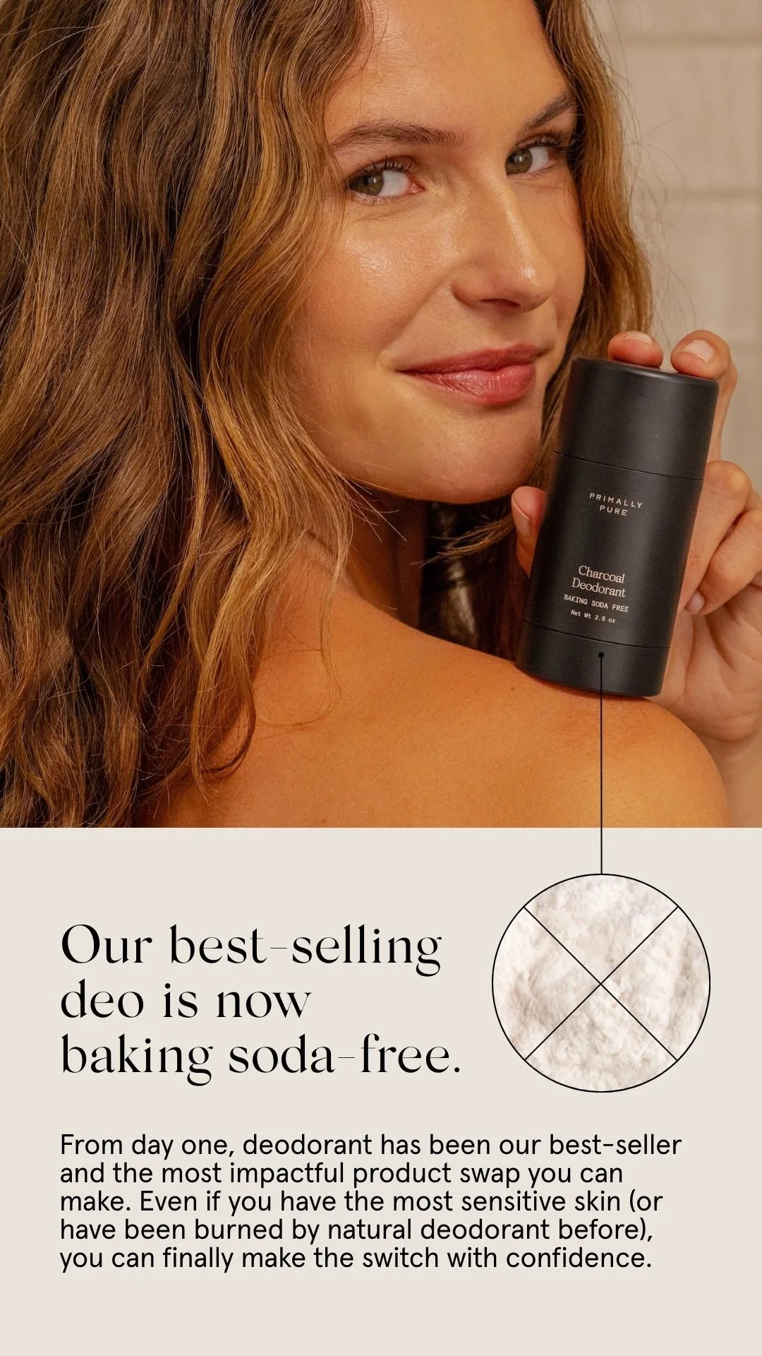 A woman with wavy hair smiling and holding a black container of charcoal deodorant near her shoulder, with a promotional message below about a baking soda-free deodorant alternative.