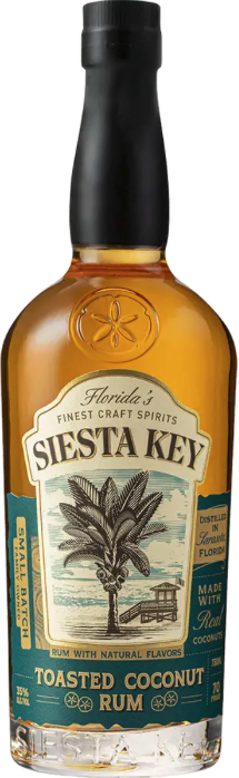 A bottle of Siesta Key toasted coconut rum with a black cap and a label featuring a palm tree, beach scene, and the text 'Florida's Finest Craft Spirits'.