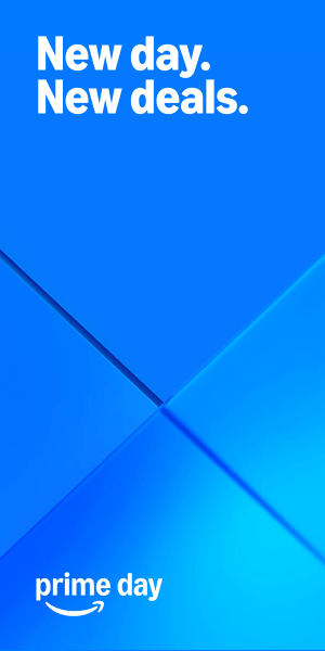 Blue promotional banner for Amazon Prime Day with the text 'New day. New deals.'