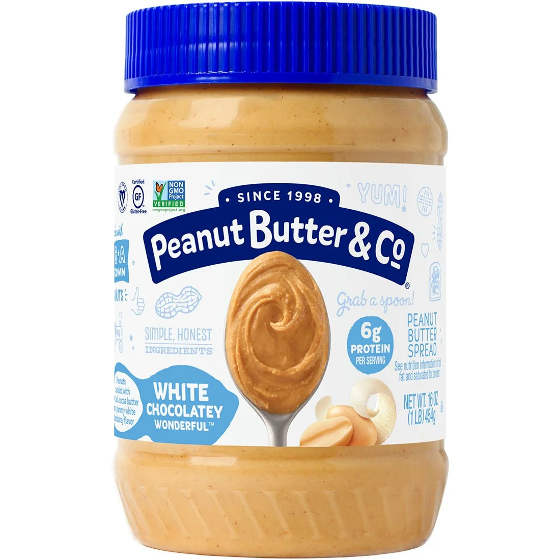 Jar of Peanut Butter & Co White Chocolatey Wonderful, featuring creamy peanut butter with white chocolate flavor, blue lid, 16 oz, gluten-free, non-GMO.