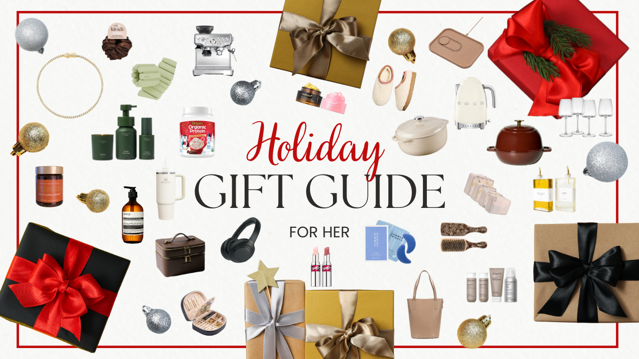 Holiday gift guide featuring various products like jewelry, skincare, kitchen appliances, clothing, and wrapped presents in a festive layout with ornaments and a red border.