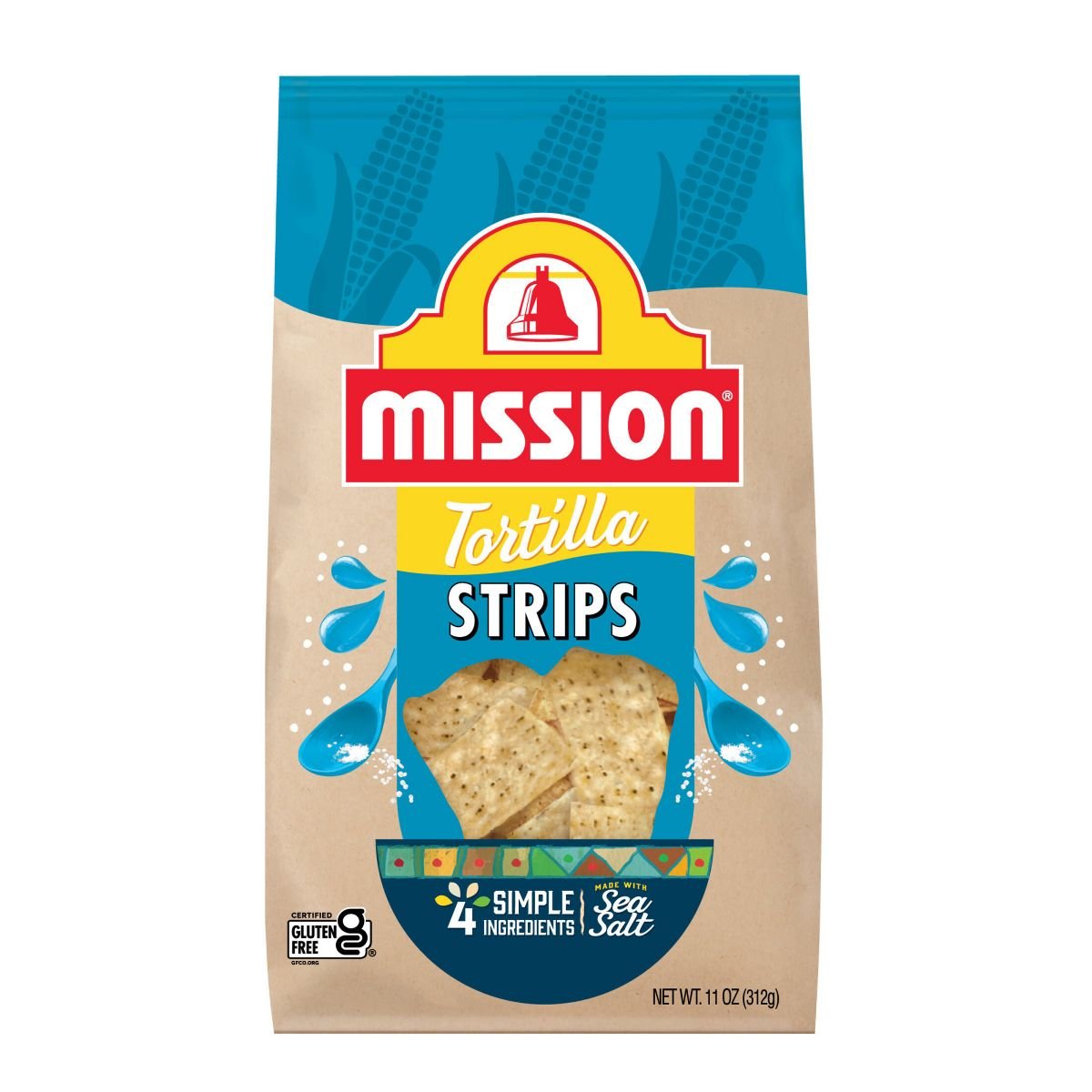 A bag of Mission Tortilla Strips made with sea salt, featuring a blue, yellow, and beige design with water splash graphics and a clear window showing the tortilla strips inside.