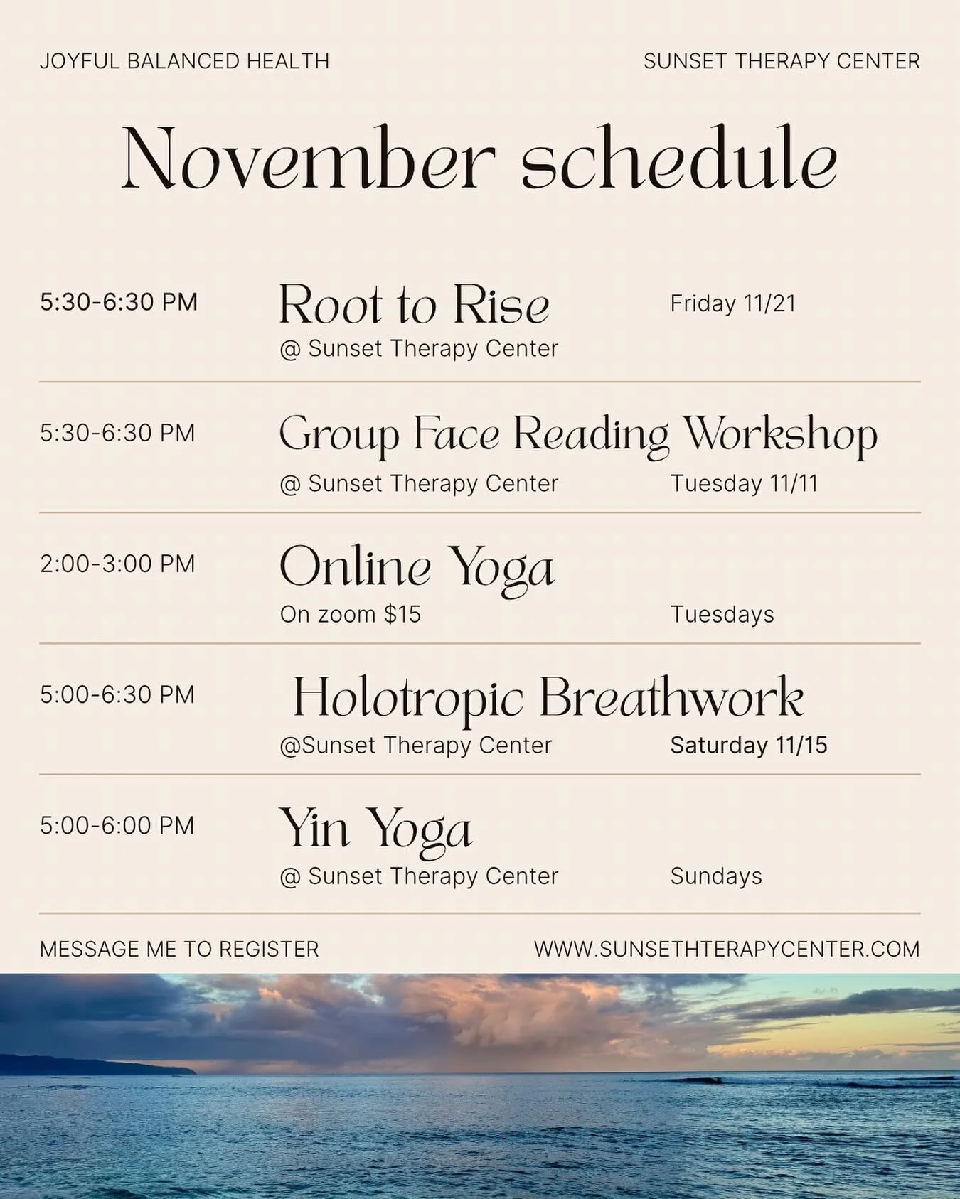 Join me this November for nourishing practices to support your mind, body, and soul. Flow with me online for gentle yoga, or join in person at @sunsettherapycenter for Yin Yoga, Holotropic Breathwork, and Psychosomatic classes.