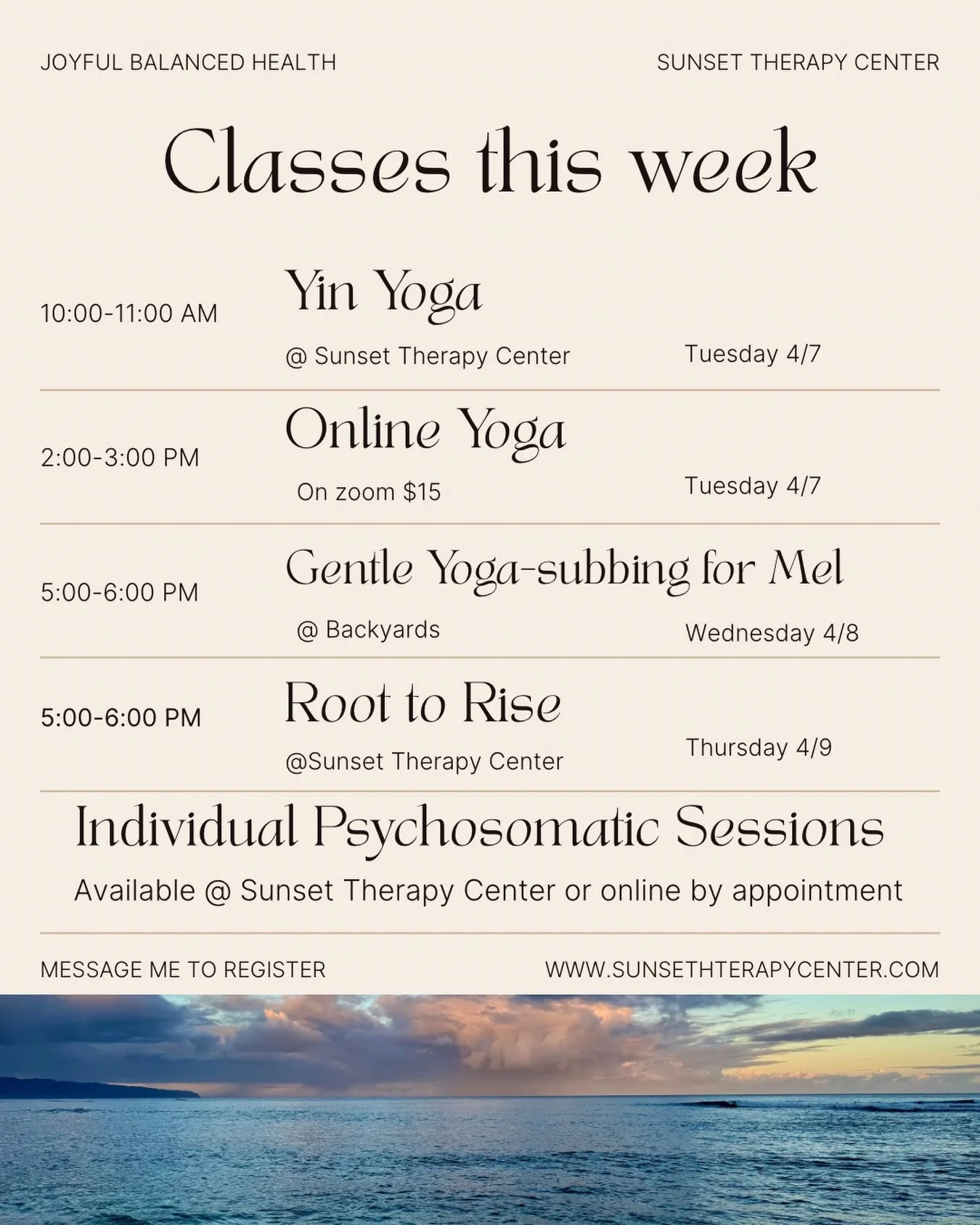 Lots of opportunities to join me for yoga or psychosomatics this week. Reach out with any questions😊