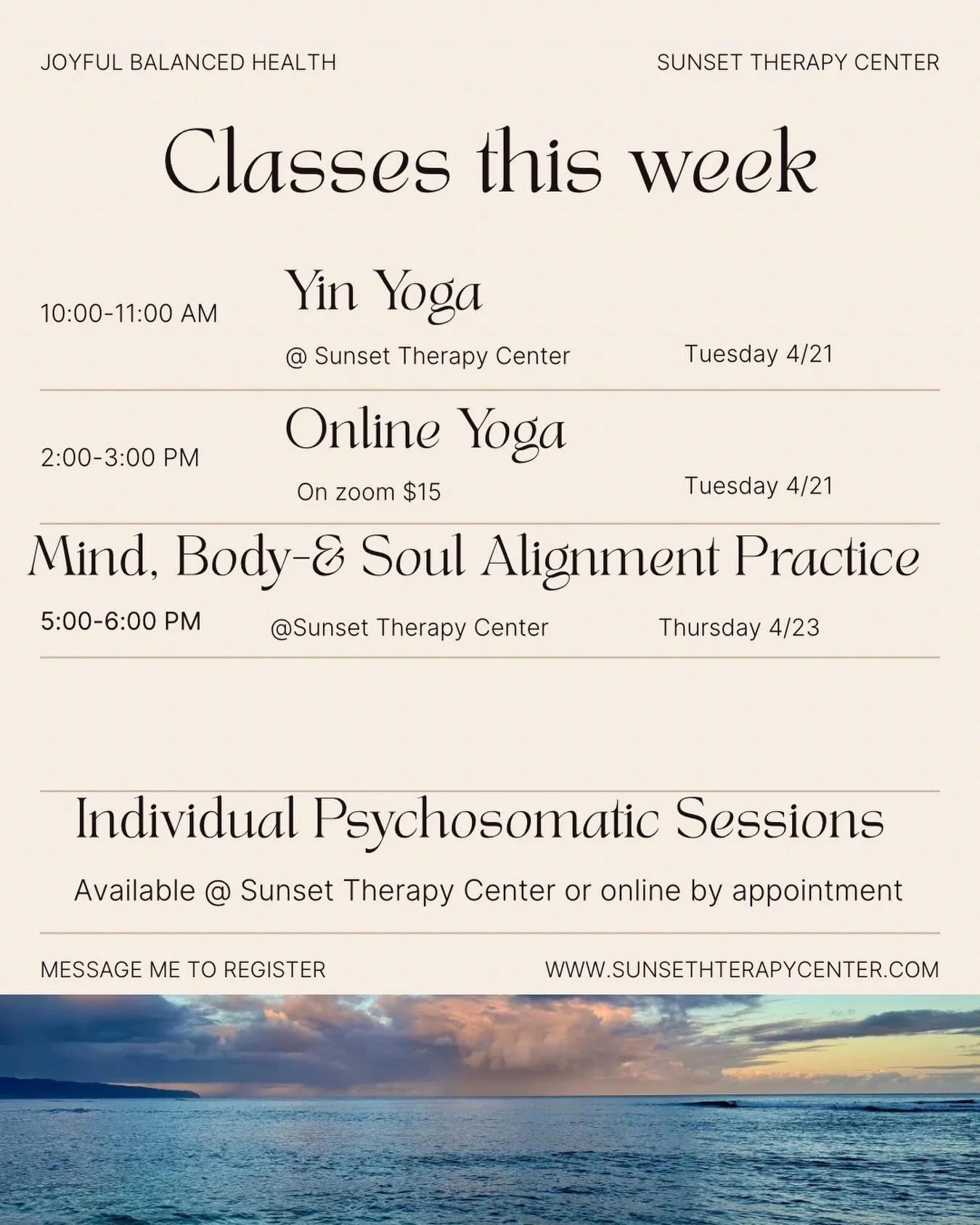 Join me this week for space to soften, reconnect, and realign.
Tuesday I&rsquo;ll be offering a gentle yoga class, available both in person and online. A chance to slow down, move with intention, and come back into your body in a supported way.
Thurs