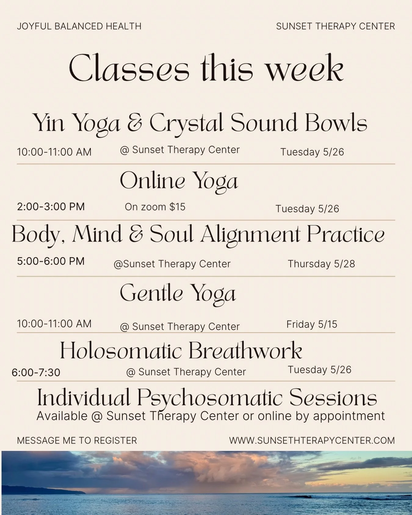 Join me this week for yoga, psychosomatics, and breathwork. 
So many beautiful opportunities to slow down, reconnect with yourself, move your body, regulate your nervous system, breathe deeply, and create a little more space for peace and presence in