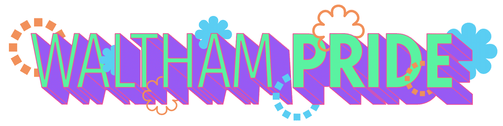 3D text reading "Waltham Pride" with rotating flowers and gears surrounding them