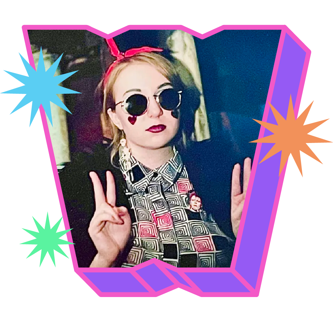 DJ Wiggly Noodles wearing sunglasses and holding up to peace hand signs