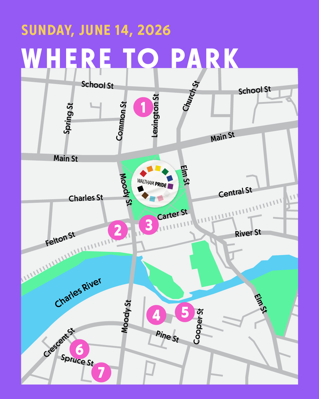 Overhead map showing Waltham Common in the center surrounded by numbers indicating parking lots. Text: Where to park on Sunday, June 14, 2026