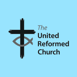 Logo of the United Reformed Church featuring a black cross with a stylized fish symbol, and the organization's name in text on a light blue background.