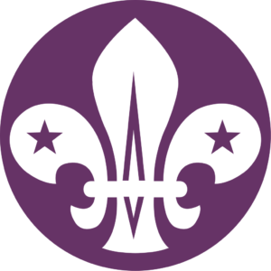 White fleur-de-lis symbol with two stars inside a purple circle.