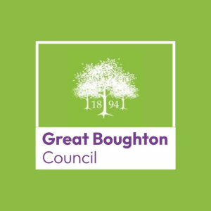 Logo for Great Boughton Council featuring a white tree with the year 1894 and text on a green background.