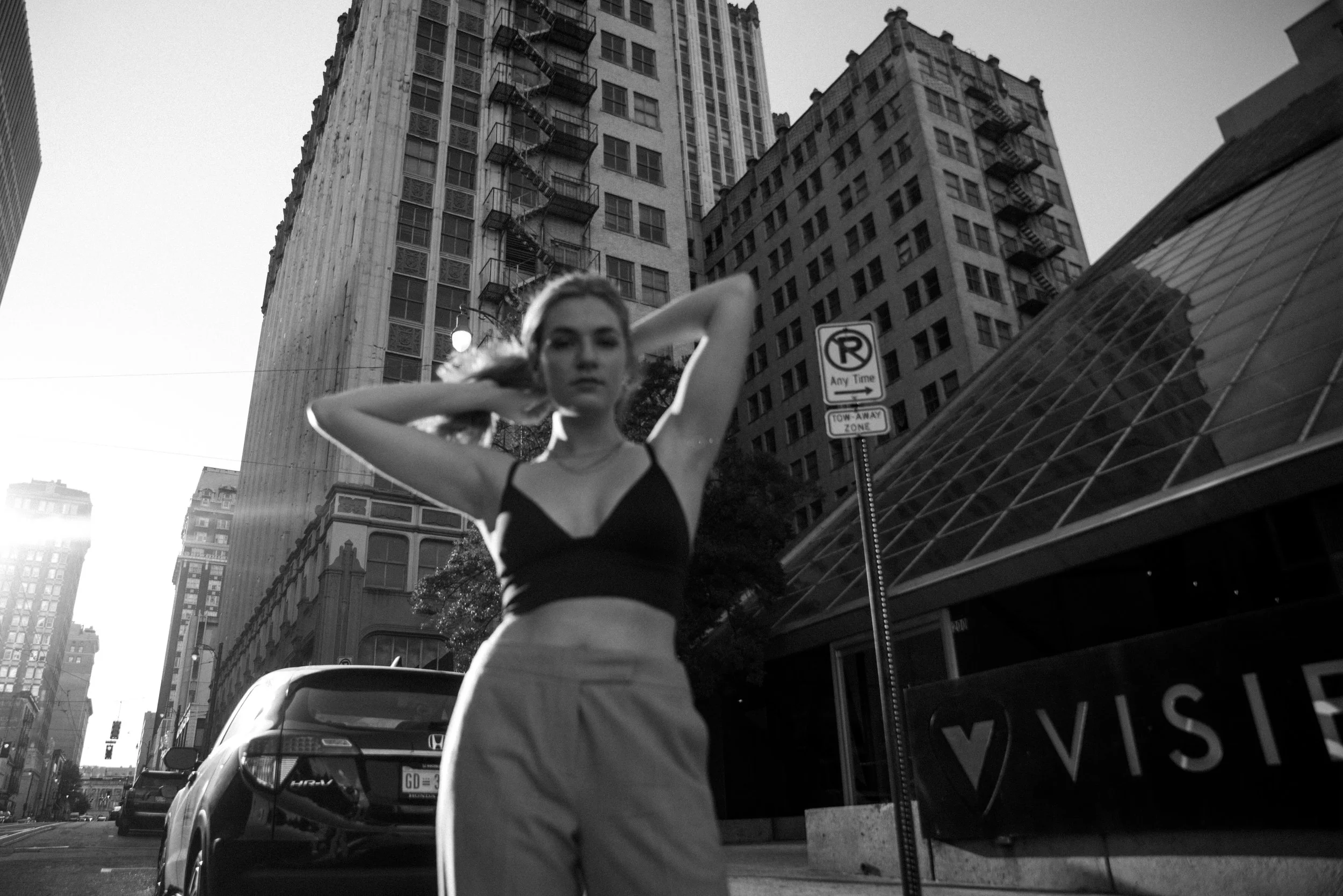 artist portraits for New York City singer Amelia Beckham in downtown memphis tennessee by the sterick building