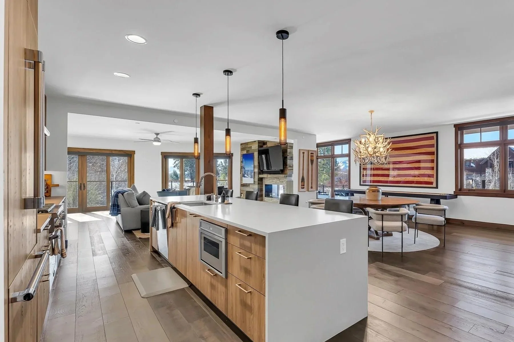 Kitchen, dining and living areas