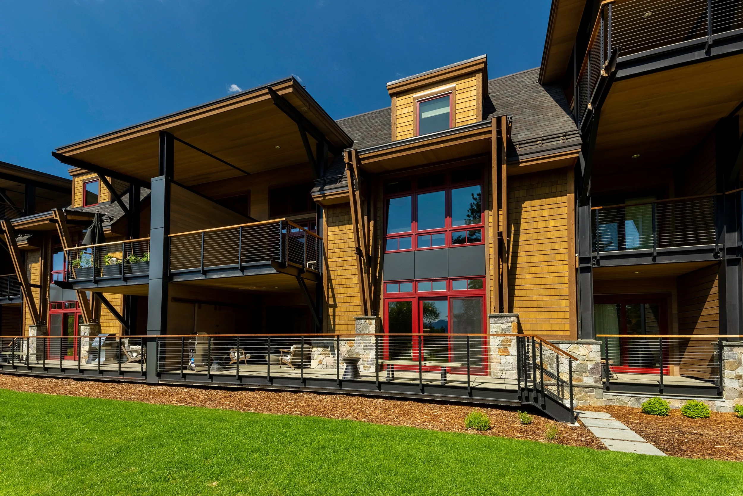 The exterior of Tahoe Beach Club's vacation rentals, characterized by its sleek and contemporary design.