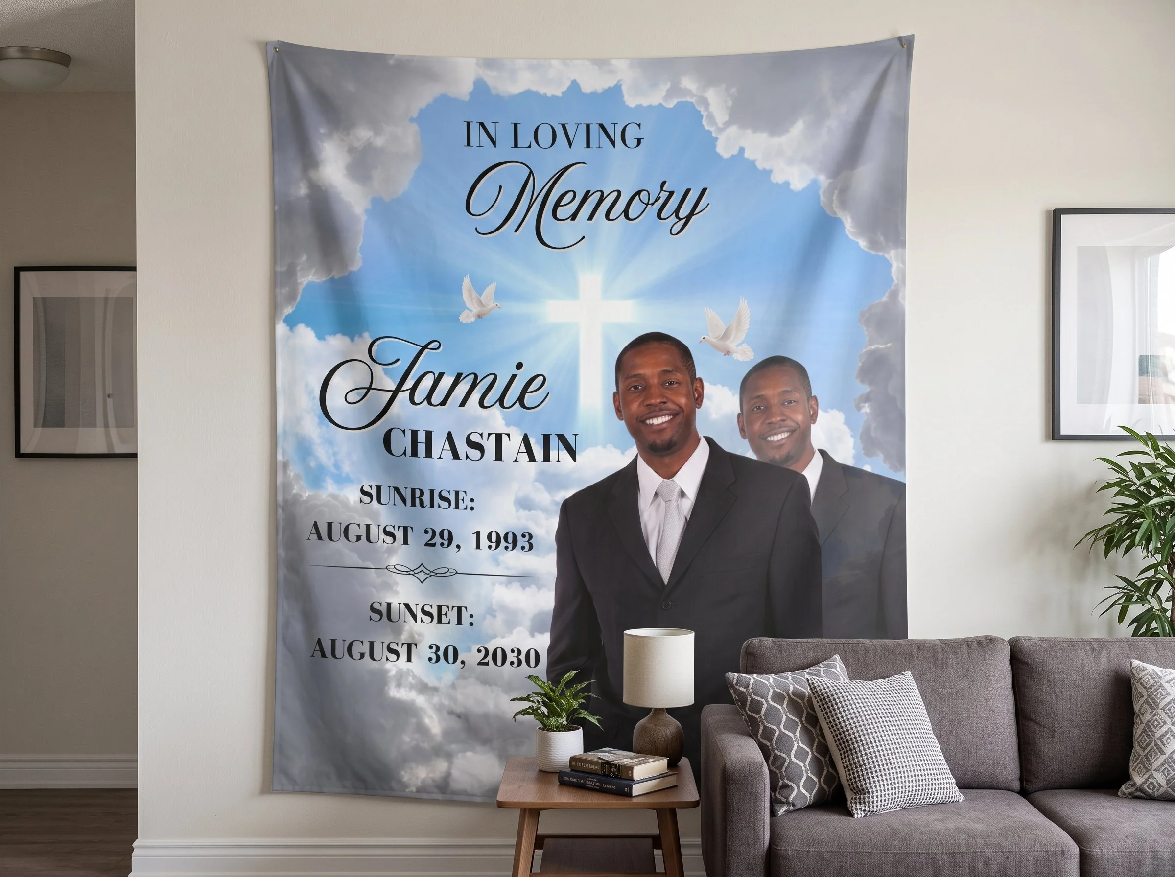 Custom Christian "In Loving Memory" Memorial Tapestry with Photo — Cross & Doves Wall Hanging