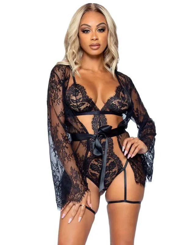 Auntie Flora Adult Lingerie 3 pC lace Set with Teddy and robe