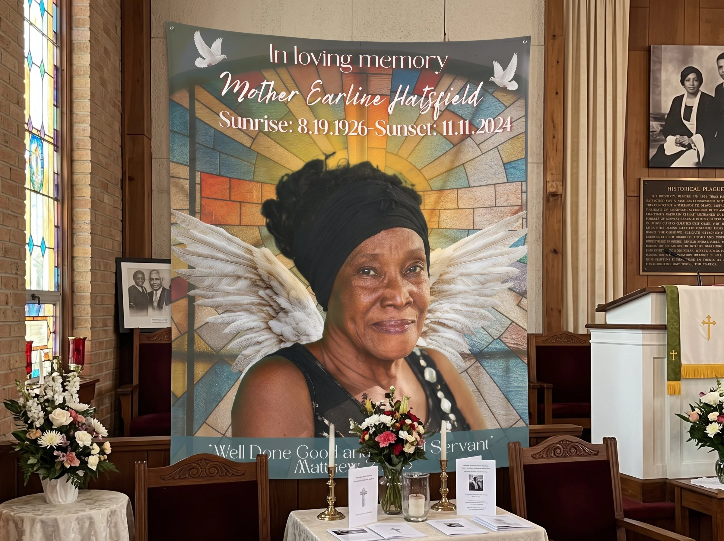 Custom Church Mother Memorial Tapestry — "Well Done, Good and Faithful Servant" Stained Glass Tribute