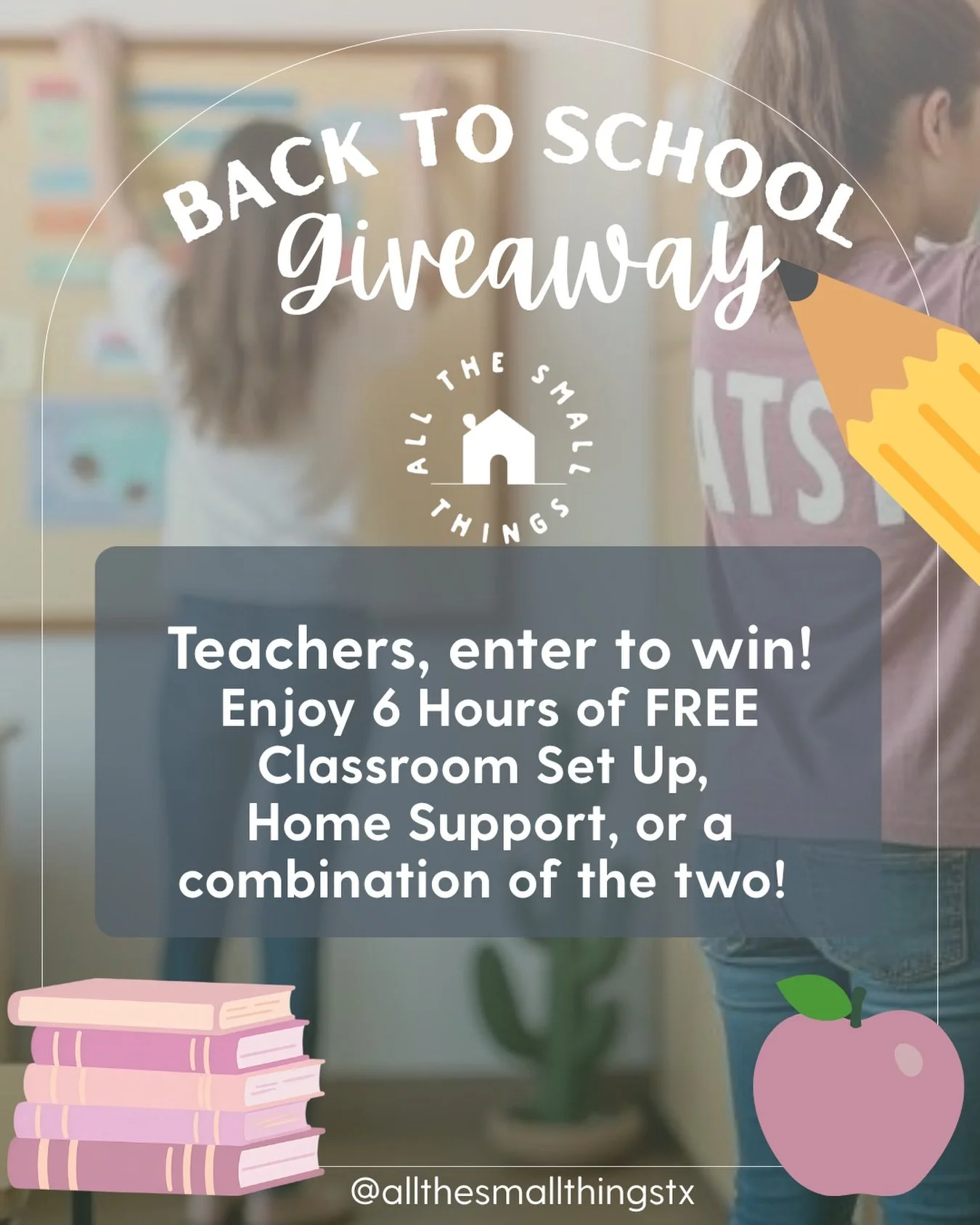 🍎 Teacher Appreciation Giveaway 🍎

Teachers spend so much of the year taking care of everyone else. This is our chance to take care of them.

We&rsquo;re giving away:

🏆 One Grand Prize
✨ 6 hours of personalized in-home support from All the Small 