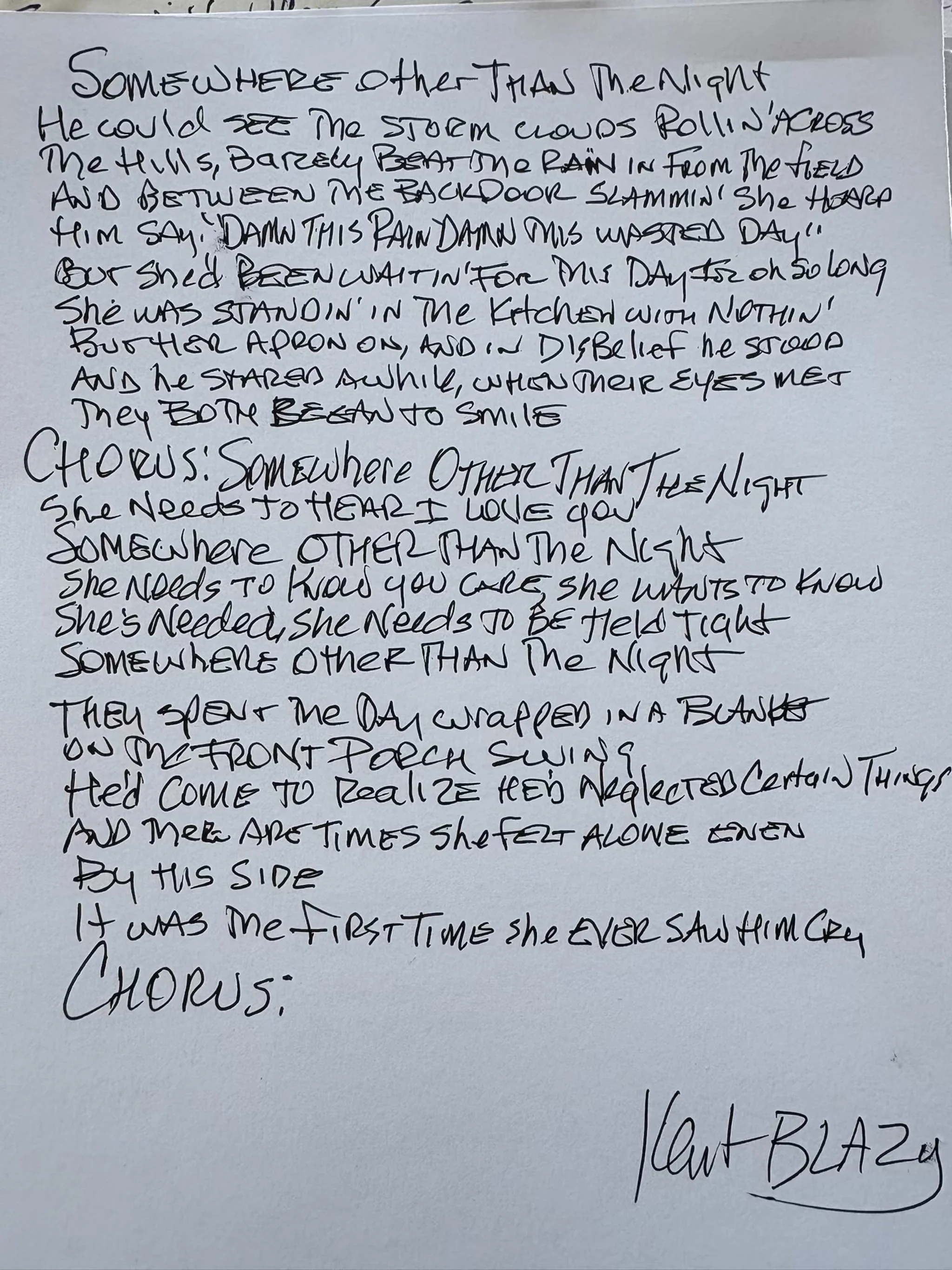 Somewhere Other Than The Night Handwritten Song Lyrics