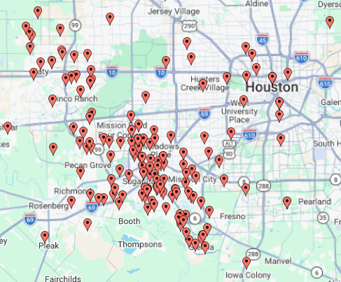 Map showing completed interior and exterior painting projects across Sugar Land, Richmond, Katy, Missouri City, Fulshear, and Greater Houston by The Proud Paintbrush.