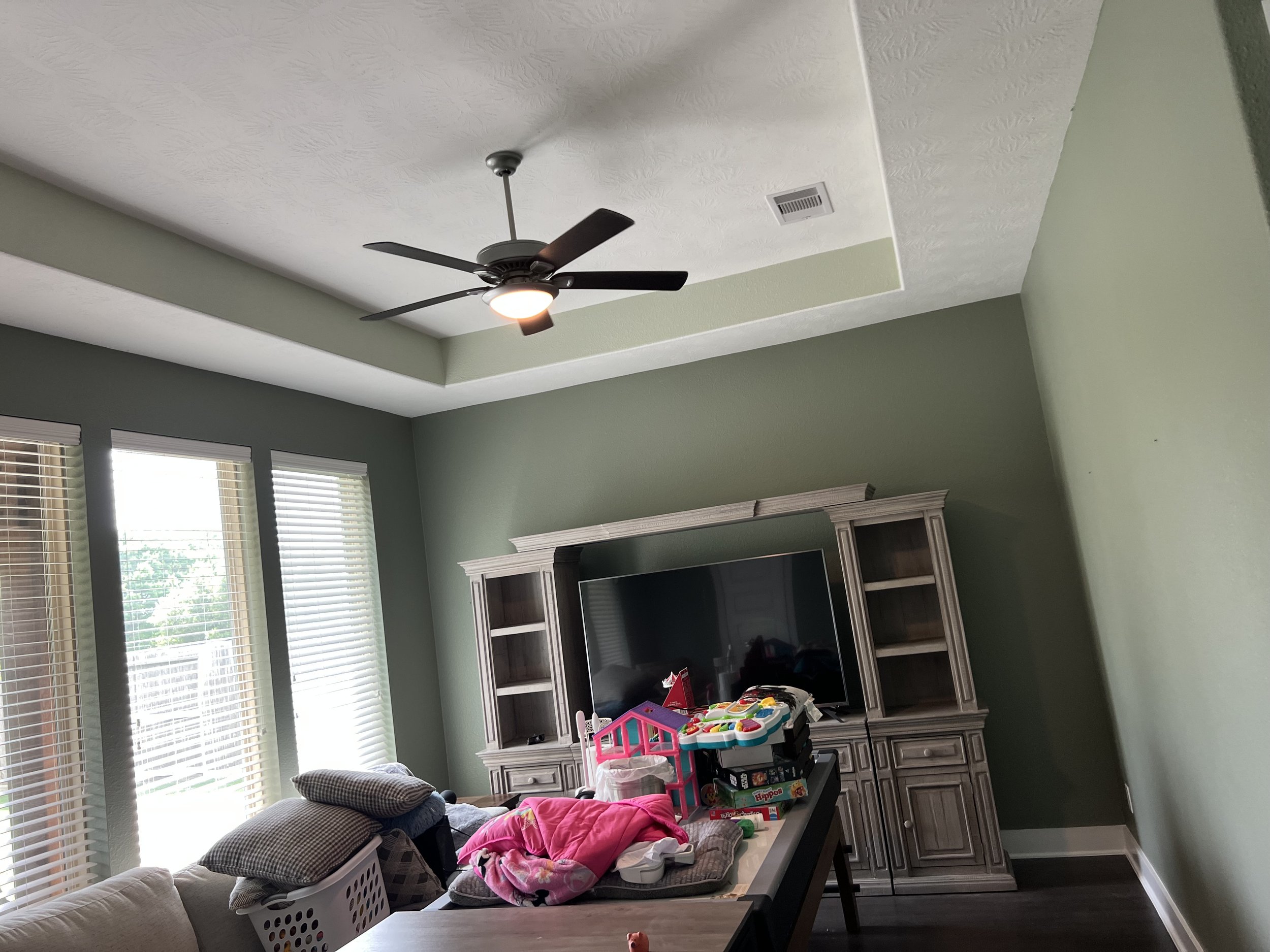 Freshly painted bedroom with tray ceiling and modern wall colors in Sugar Land, TX interior painting project by The Proud Paintbrush.