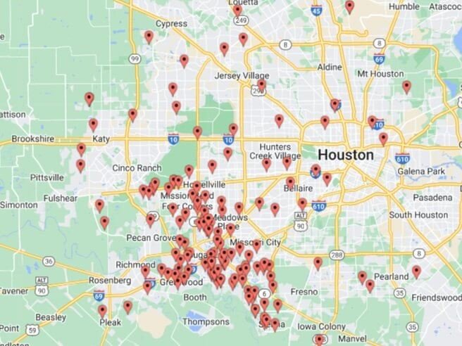 Map of the areas The Proud Paintbrush services including Sugar Land, Missouri City, Richmond, Rosenberg, Katy, Fulshear, West Houston, and South West Houston