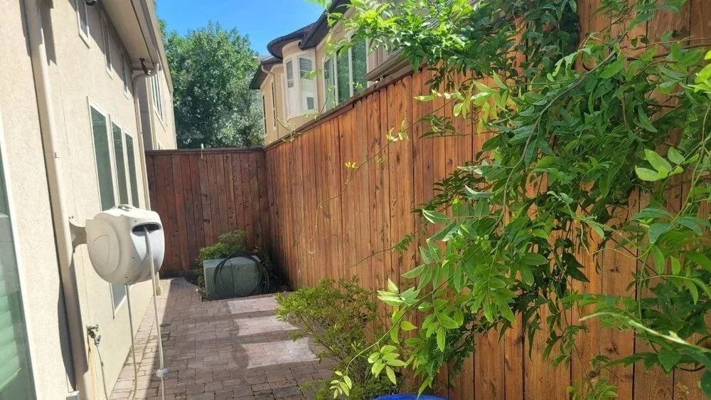 Freshly stained wood fence with rich finish in Katy, TX exterior staining project by The Proud Paintbrush.