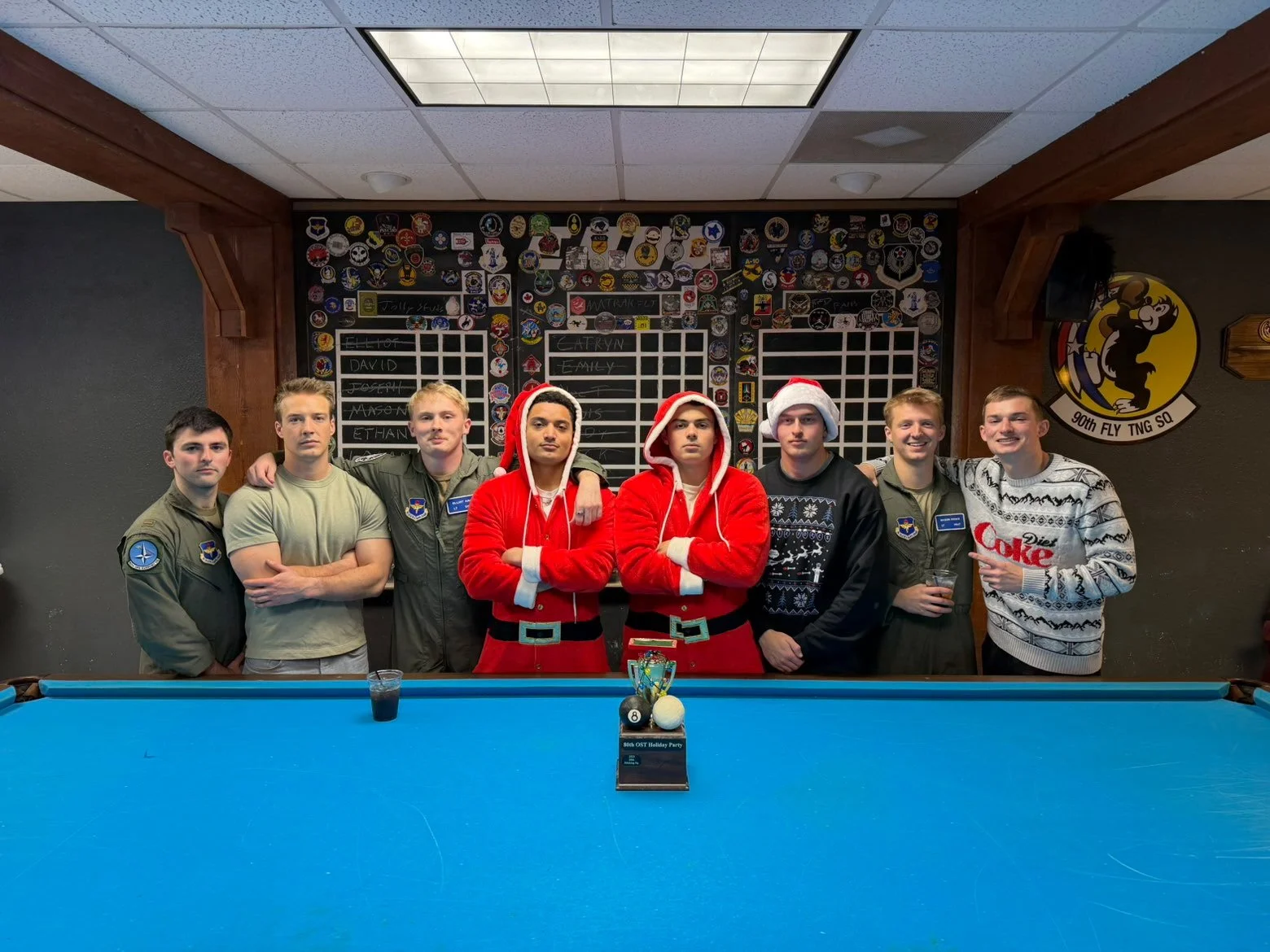 Office Christmas party playing Crud - a popular fighter pilot billiard game.  Cully won! 