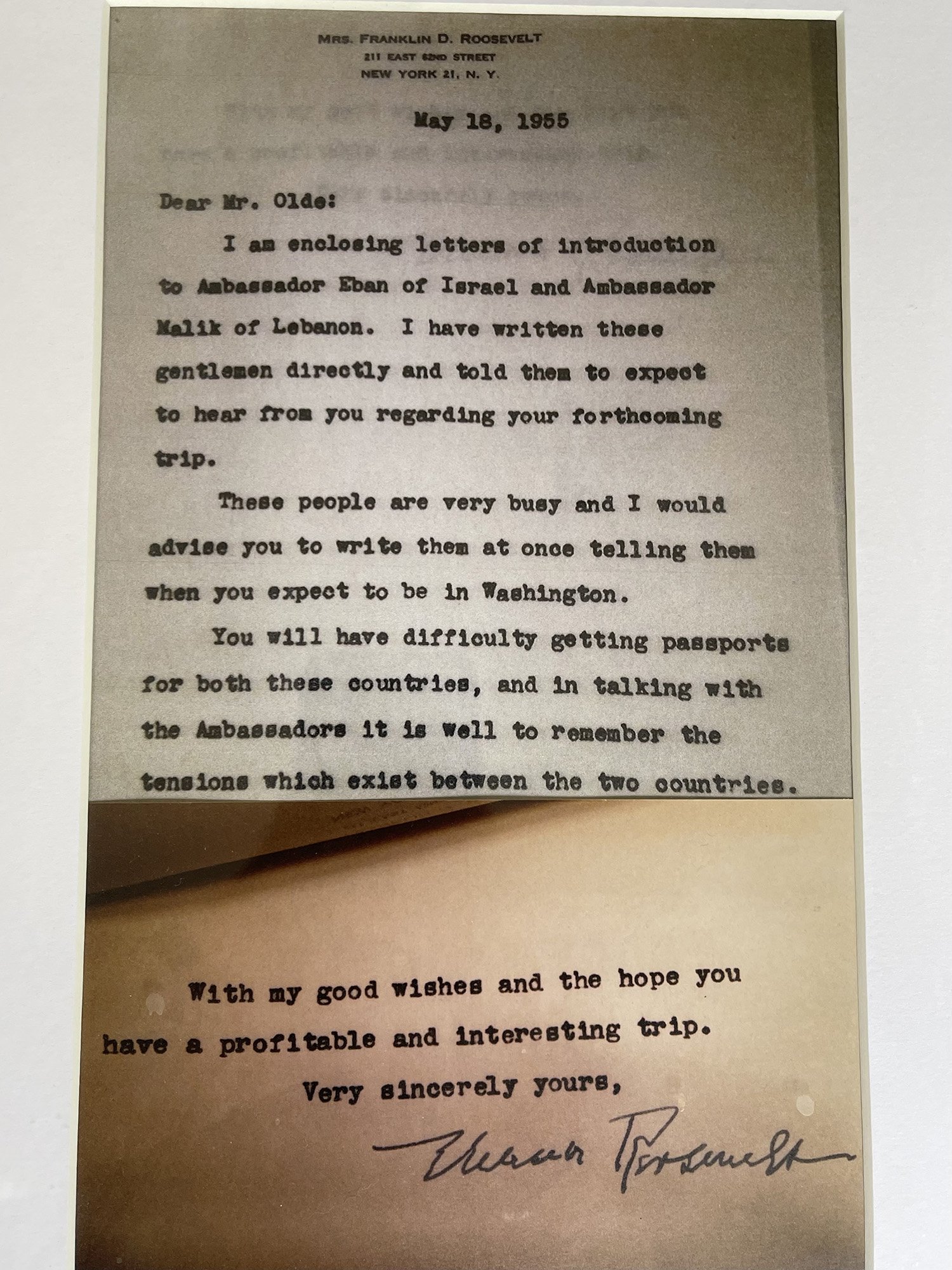 A copy of the Letter written to Dad by Eleanor Roosevelt regarding his Goodwill Trip to Europe Summer 1955