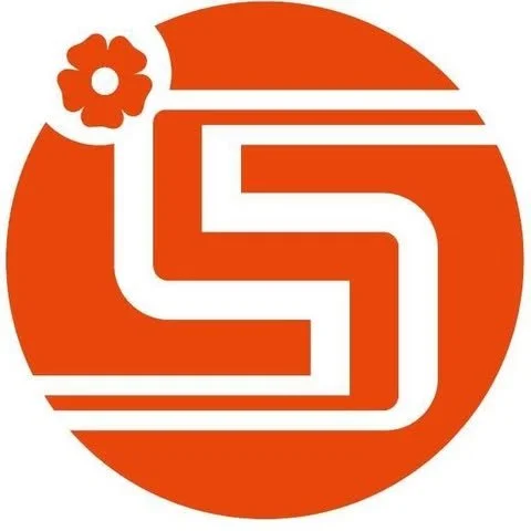 Orange circular logo with a white stylized 'S' and a small flower in the upper left corner.