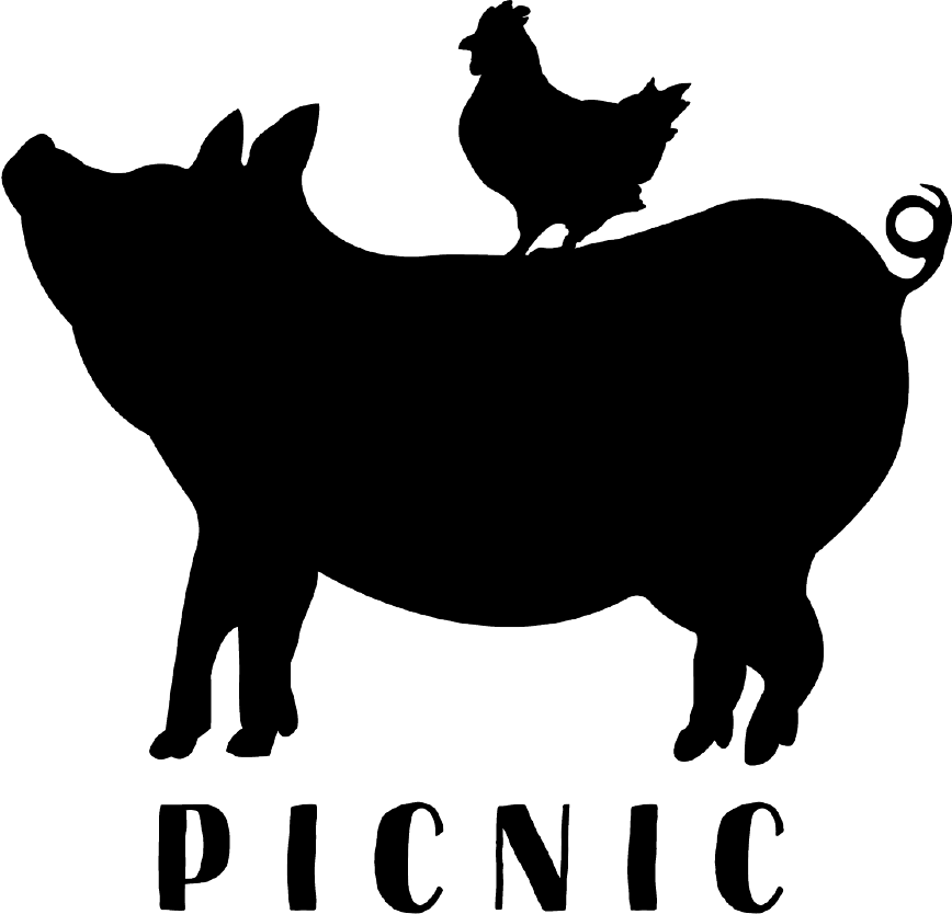 Silhouette of a pig with a chicken on its back and the word 'PICNIC' below.
