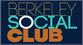 "Berkeley Social Club" logo with decorative text on a dark blue background.