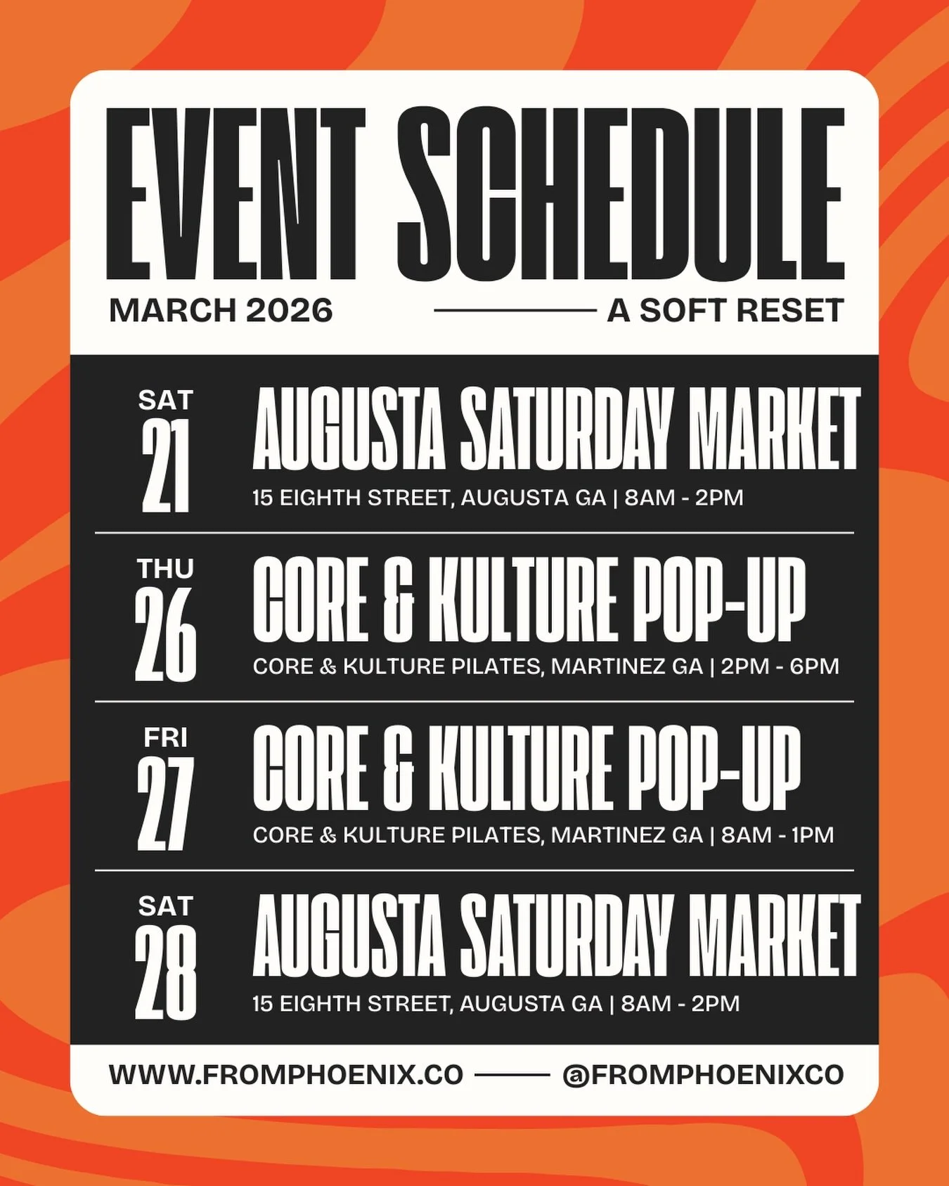 We are so BACK 🔥✨!

Market season is slowly approaching.

Catch us in person on Saturday, March 21st for the Augusta Saturday Market&rsquo;s opening day!

We will also be popping up for @core.kulture&rsquo;s grand opening on March 26th &amp; 27th✨!
