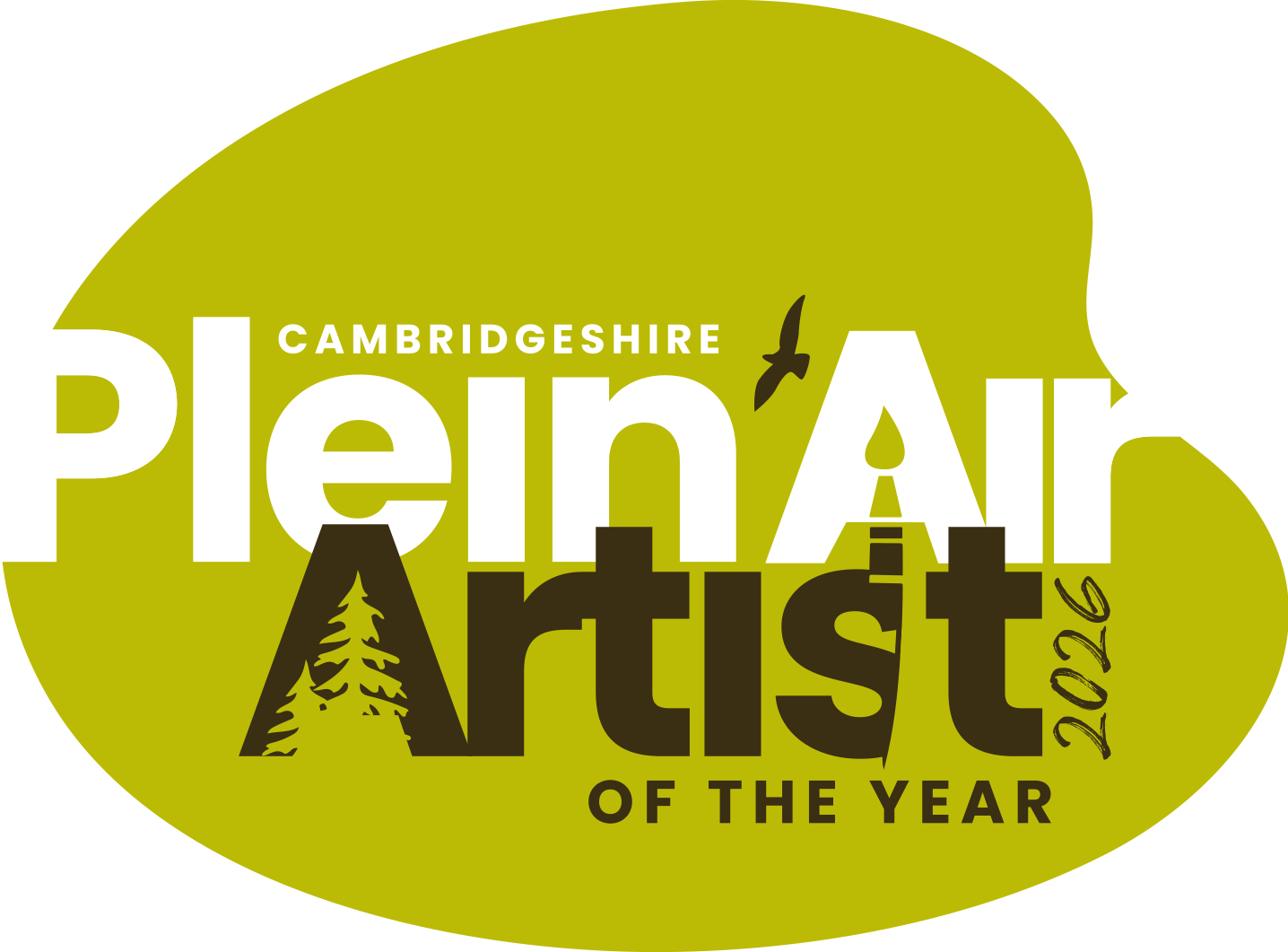 A logo for the Cambridgeshire Plein Air Artist of the Year 2026, with green and brown colors, featuring trees, a bird, a paintbrush, and a tent.