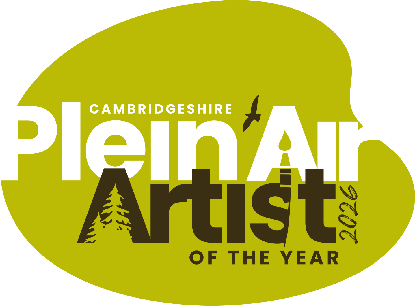 A logo for the Cambridgeshire Plein Air Art List 2026 with a green background and black and white text, featuring a mountain, trees, a bird, and an artist's paintbrush.
