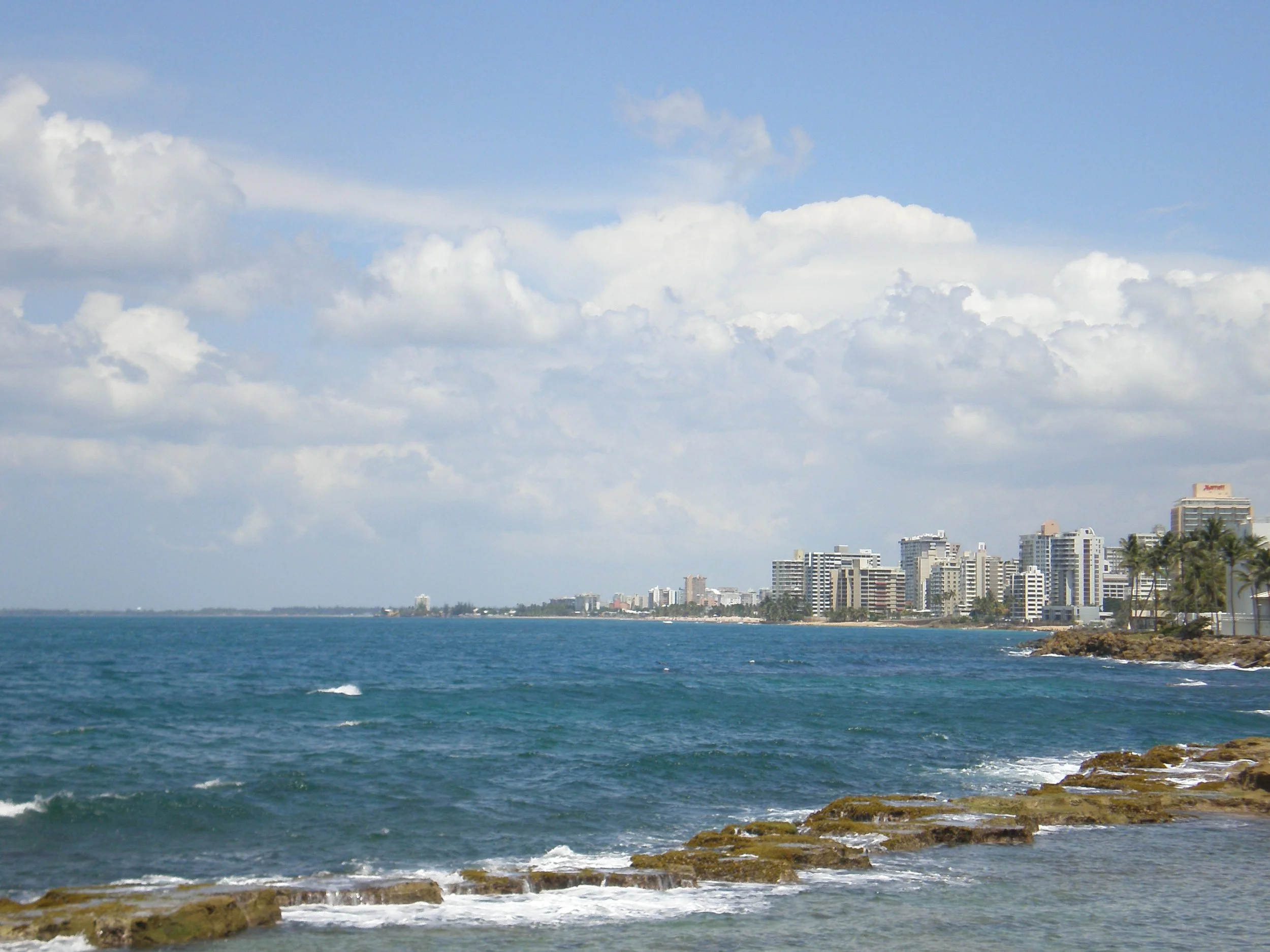 Views of the Atlantic Ocean and other hotels from the Caribe Hilton property
