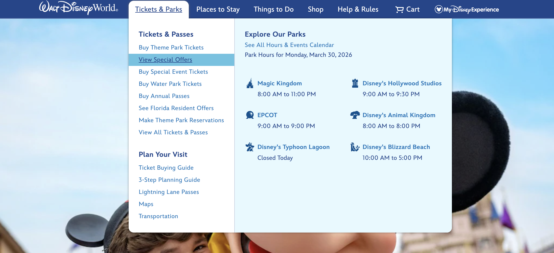 Screenshot of where to find special offers on the Walt Disney World webpage
