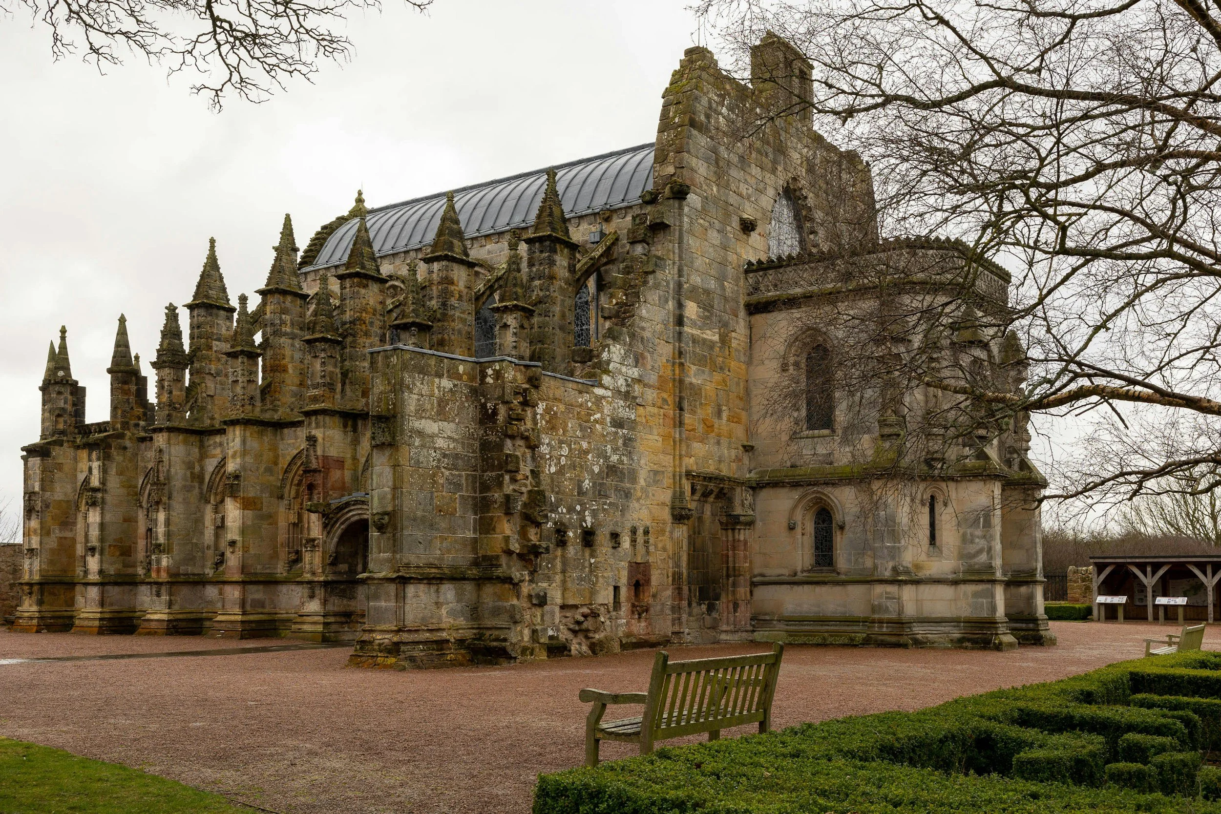 The exterior of the chapel with a view of the many spires and the visitors entrance
