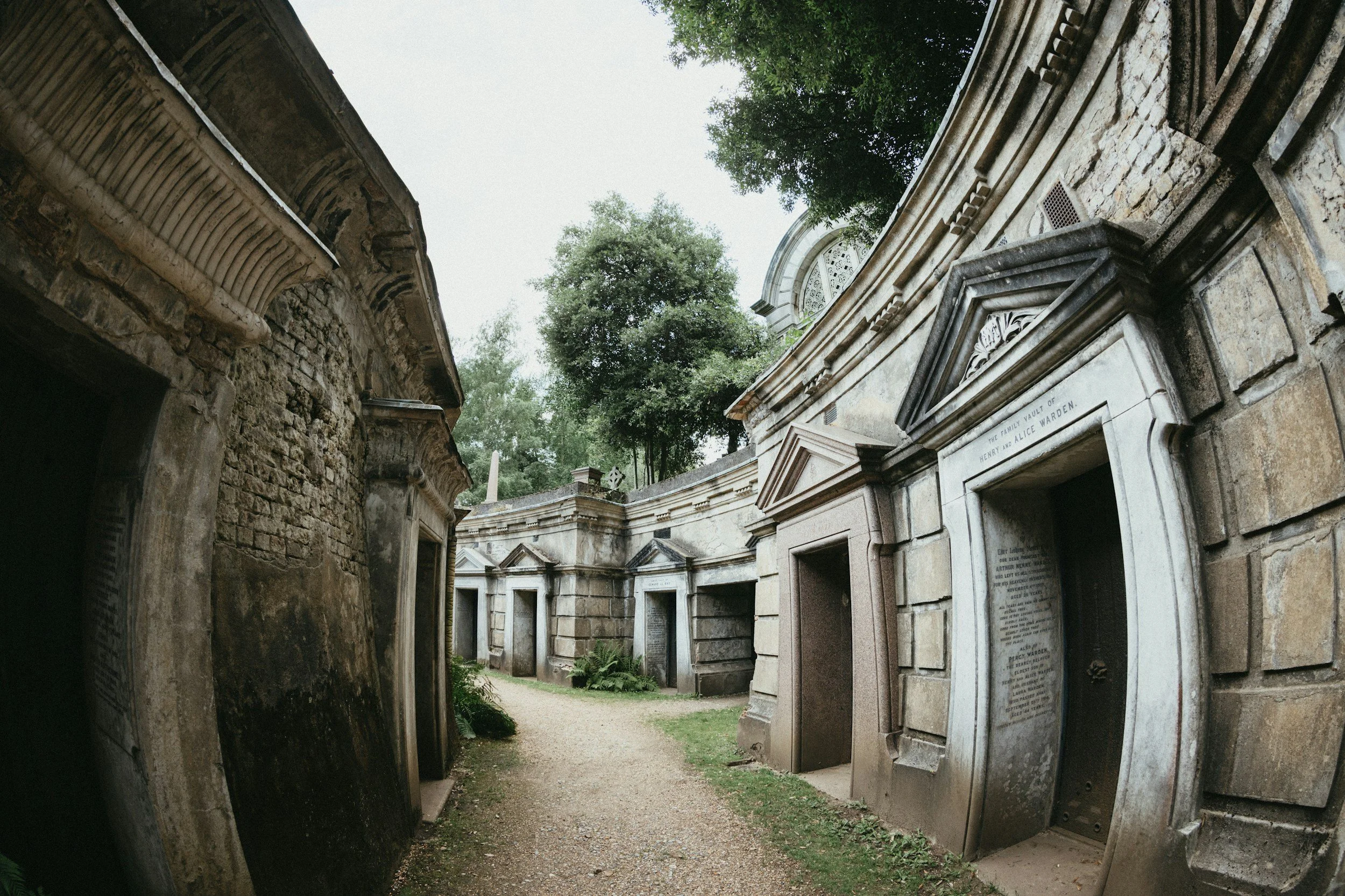 Walkway between tombs at Highgate Cemetery in London