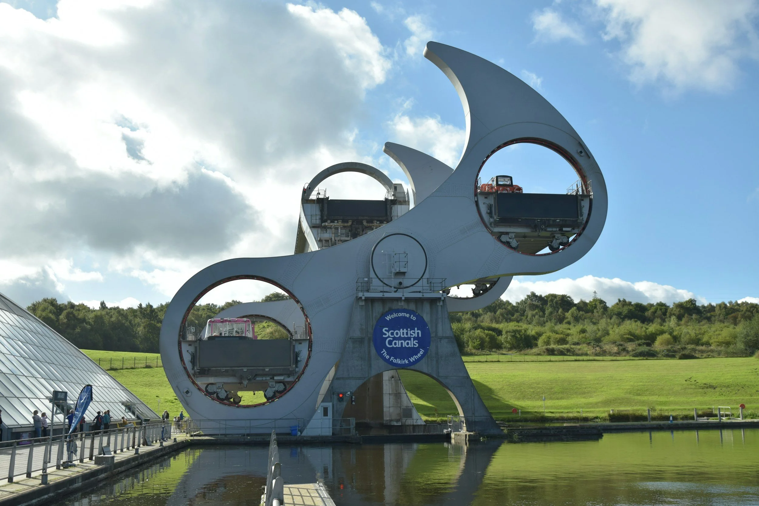 The engineering marvel, the Falkirk Wheel in front of a body of water