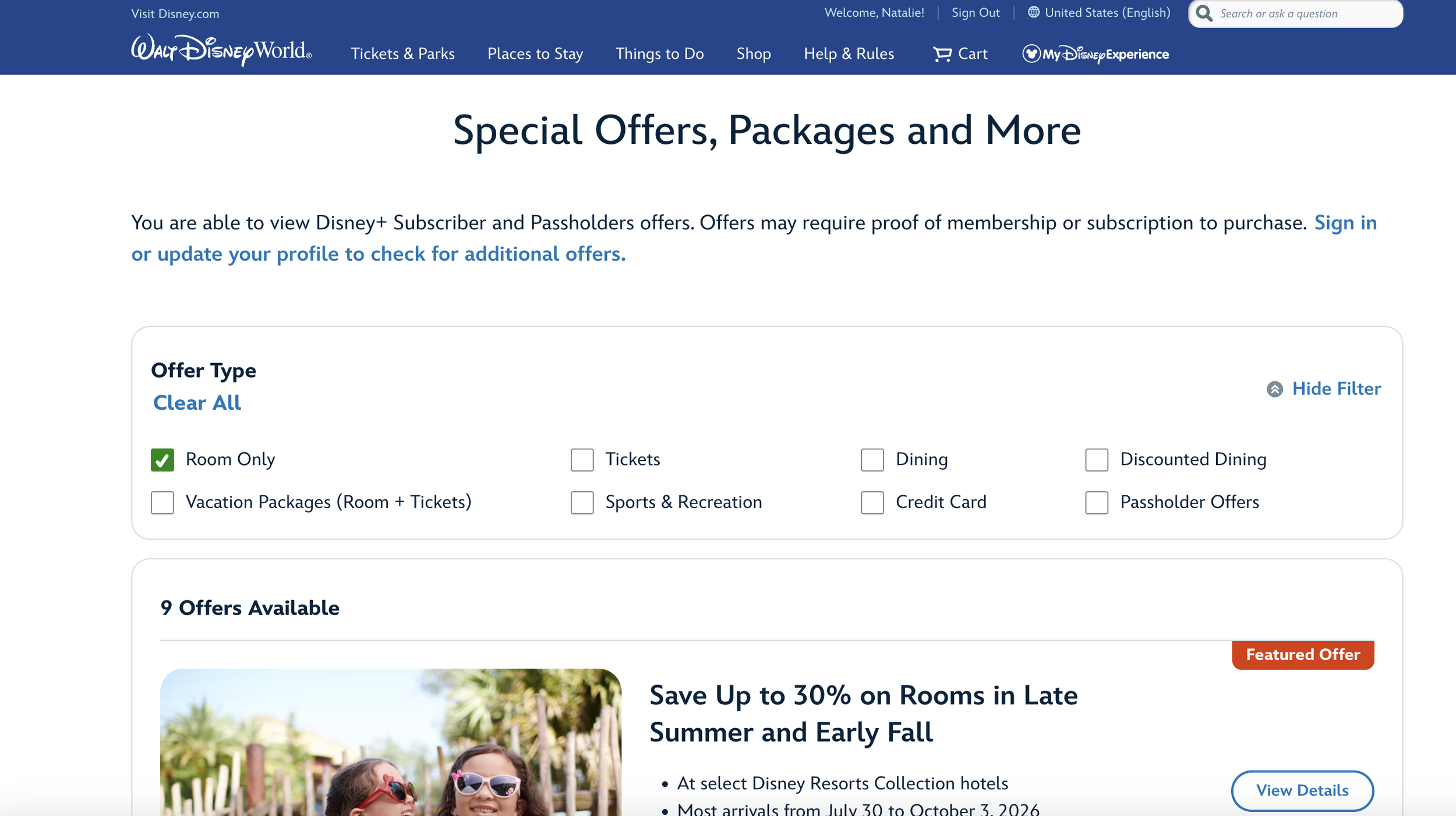 Screenshot from the special offers landing page at Walt Disney World