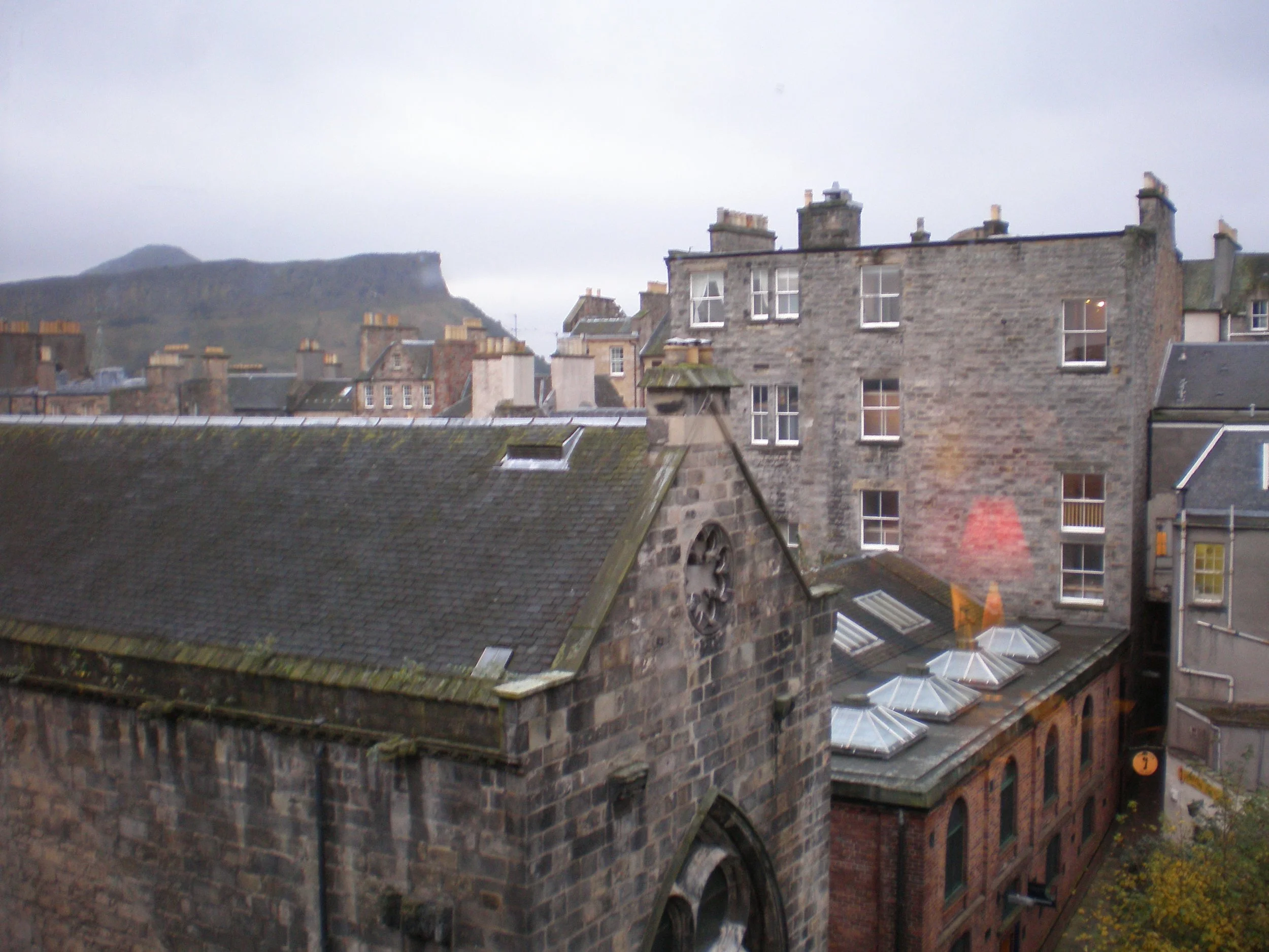 The view of historic buildings and Arthur's Seat from the author's hotel room window