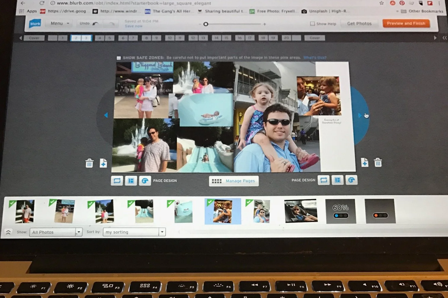 The author's computer screen as we made her Blurb photo book