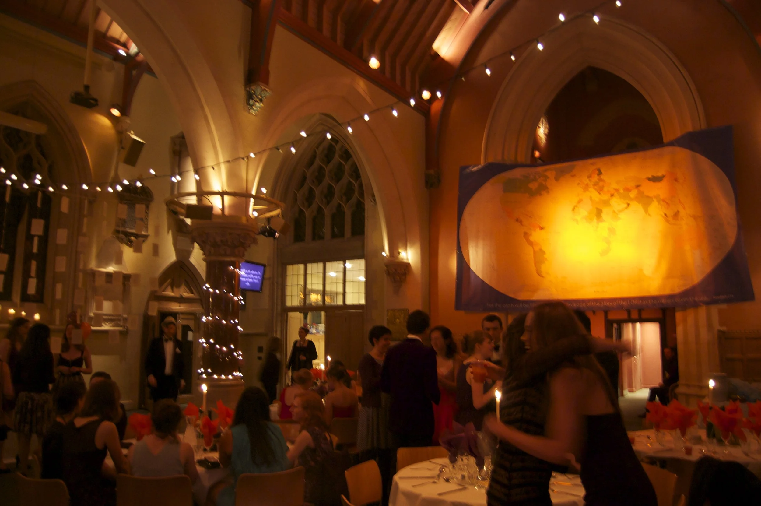 Students in formal wear at a ball at Oxford University