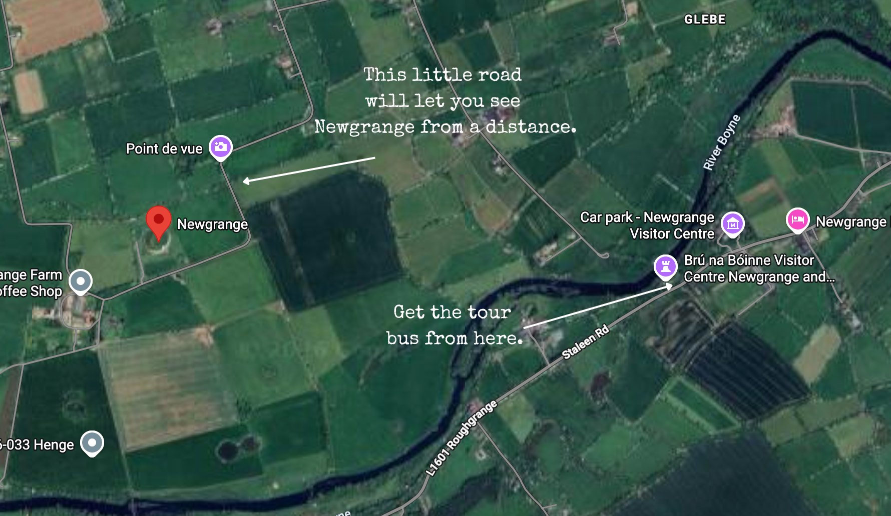 Newgrange historic site in relation to the visitors center