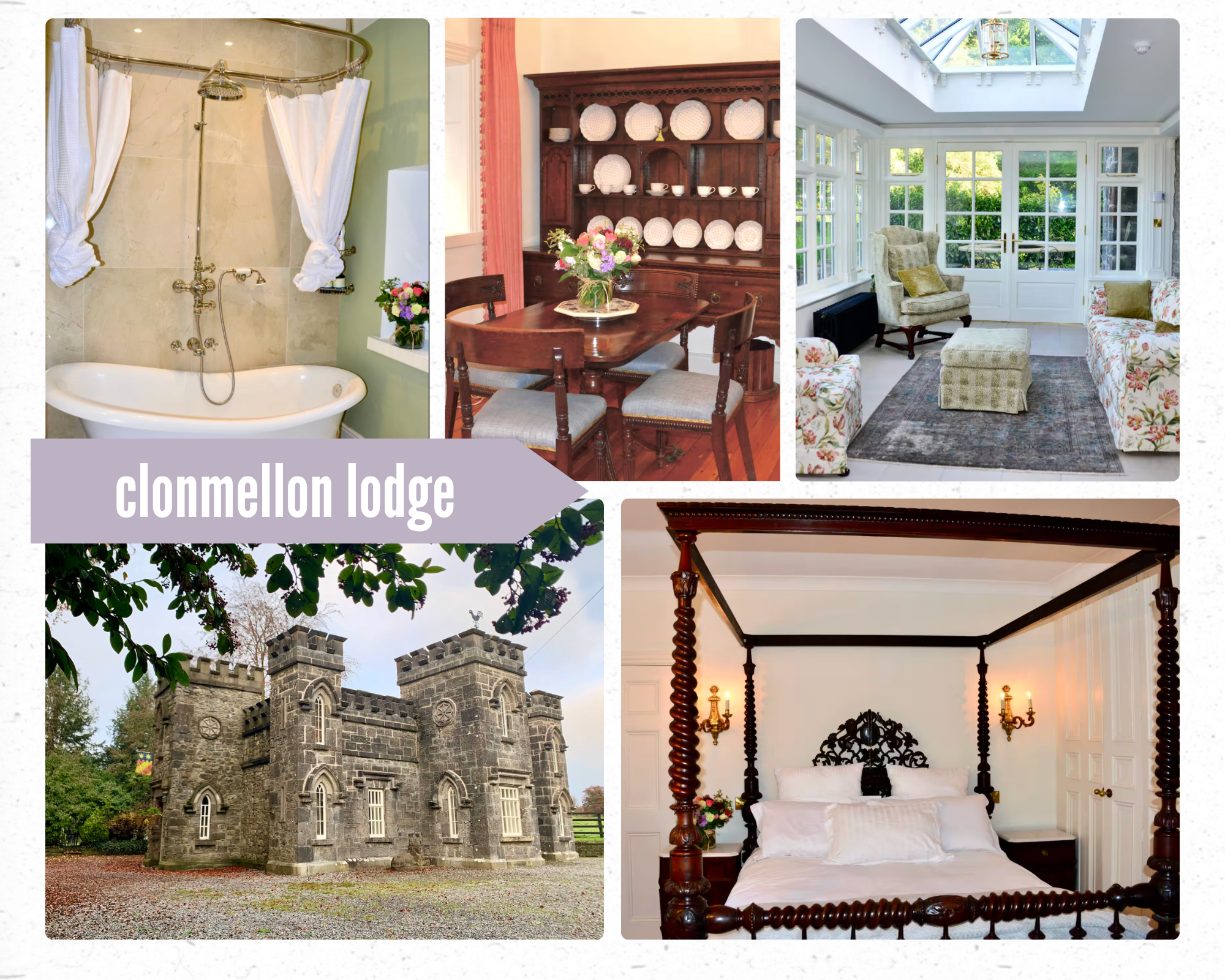 Collage of rooms and exterior of Clonmellon Lodge
