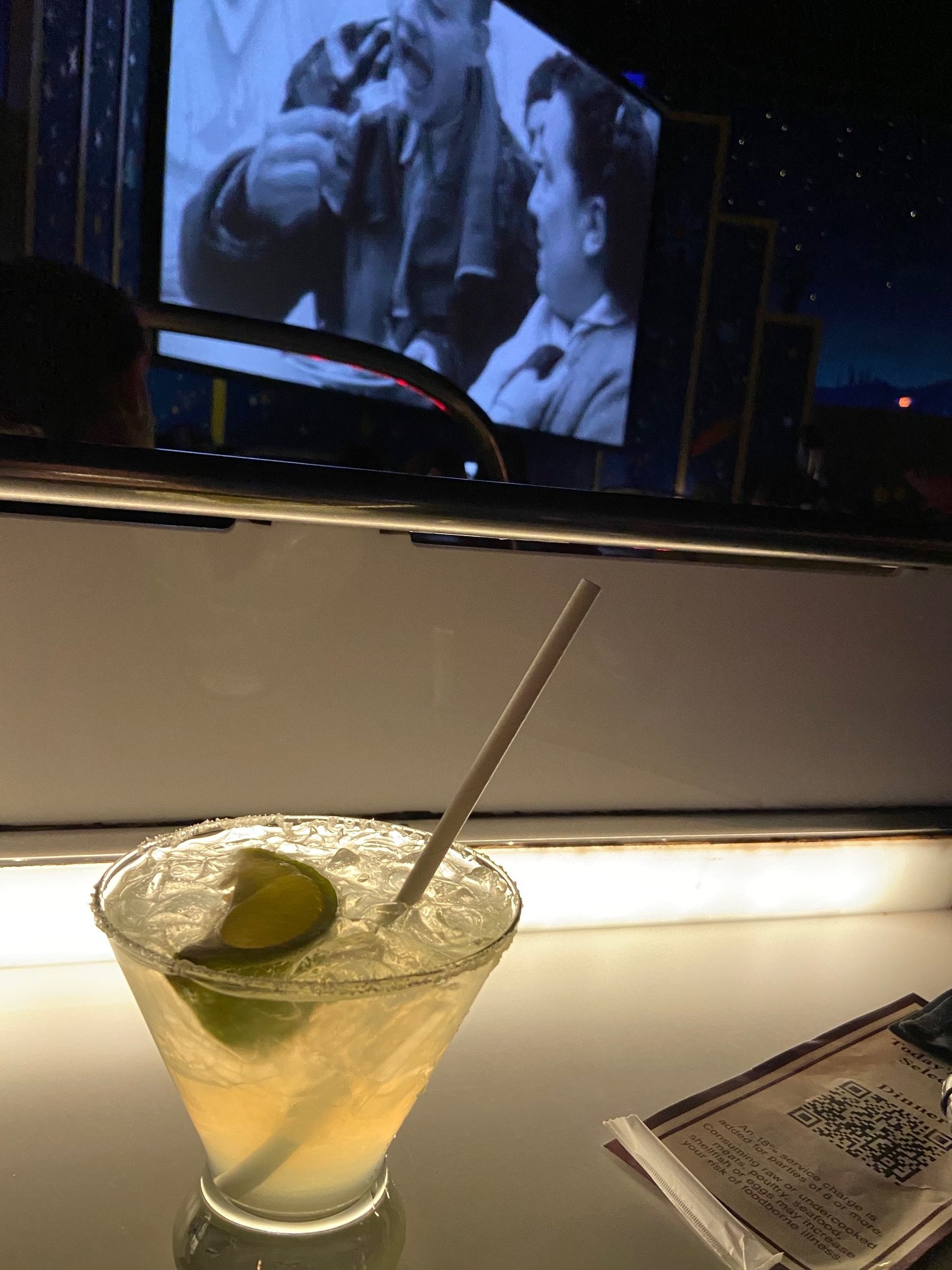 Margarita with lime slice on a table at Sci Fi Dine in at Walt Disney World