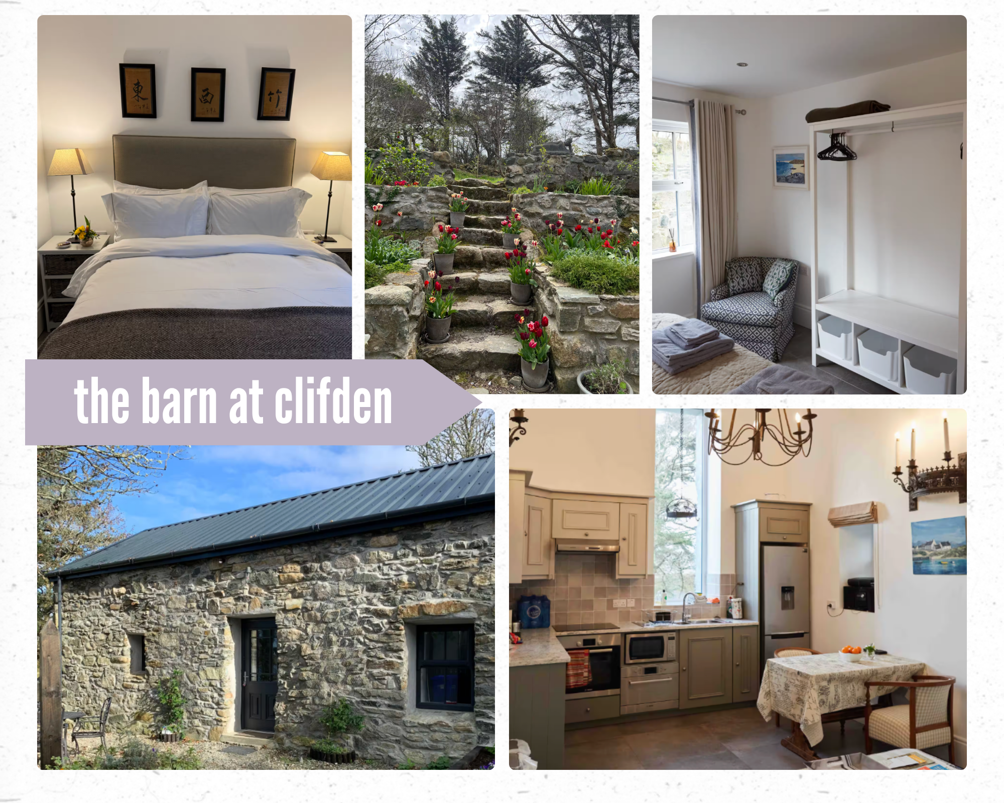 Collage showing bedrooms, kitchen and exterior of the Barn at Clifden AirBnB