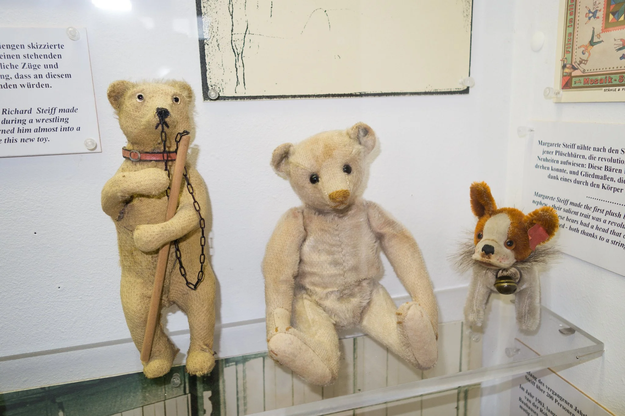 three vintage teddy bears on display at the Munich Toy Museum